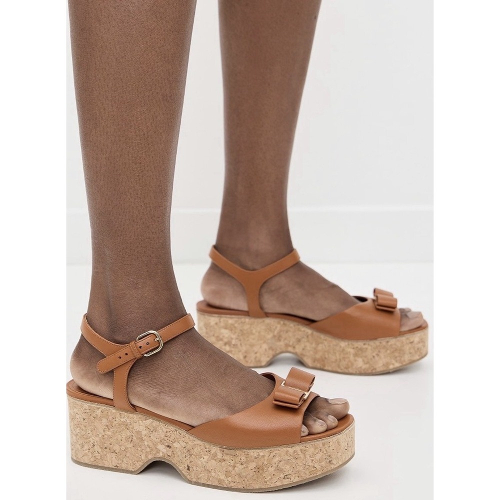 FERRAGAMO Women Size 10C Selna Platform Cork Wedge Sandals Cognac Lamb Leather